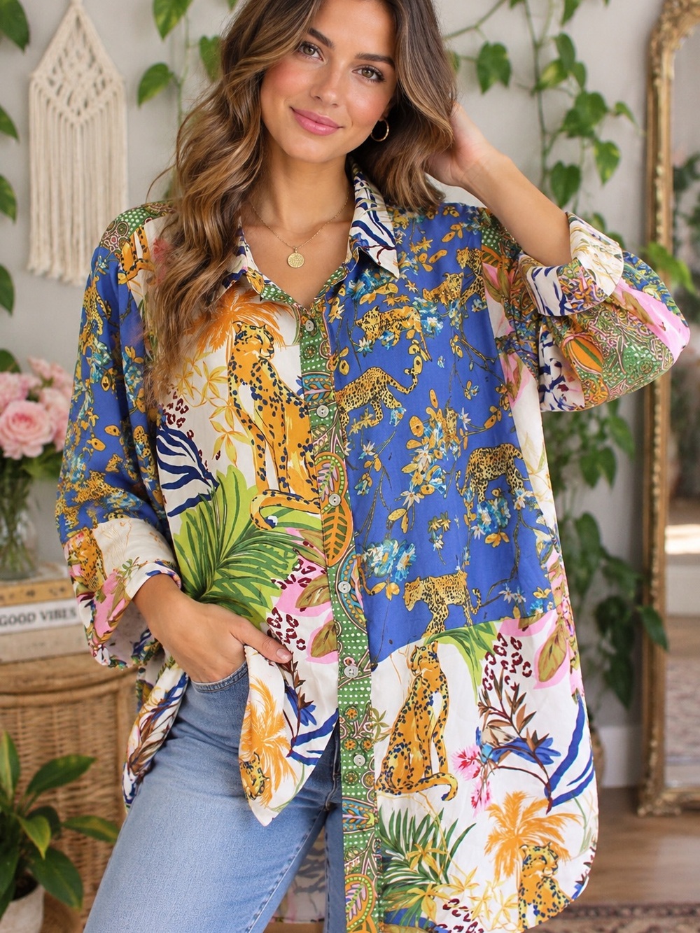 Rose + Olive 1X Patchwork Leopard Tropical Print Oversized Button Down Shirt